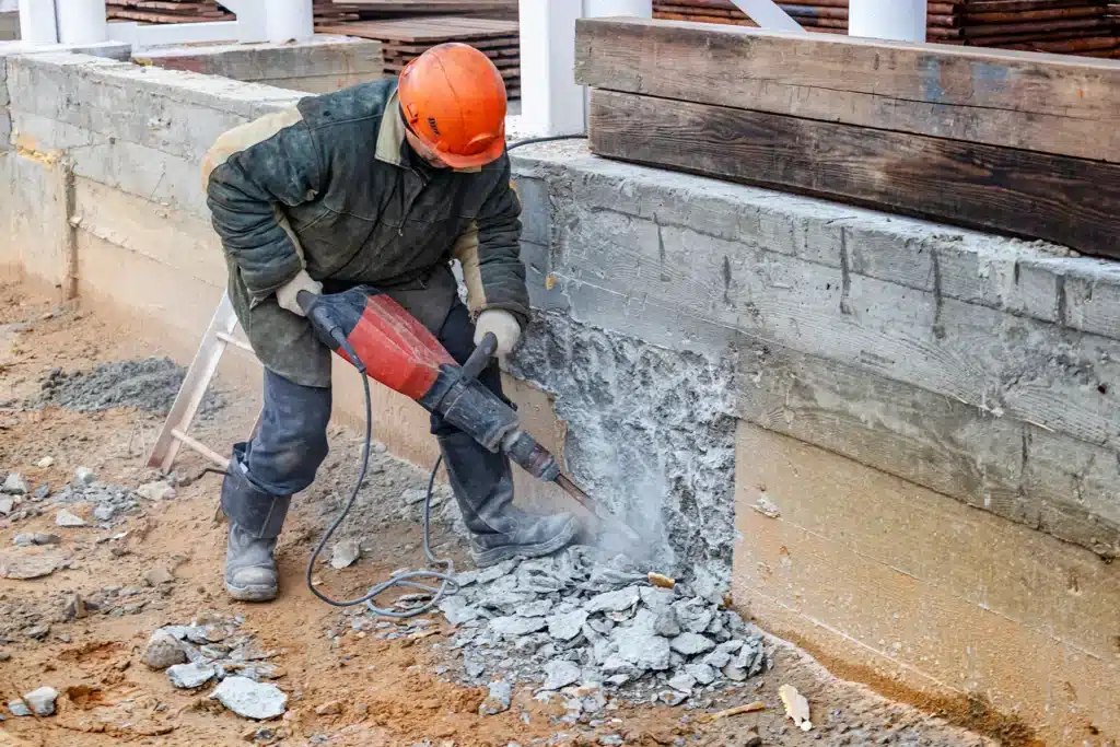 A worker with a jackhammer at a construction site