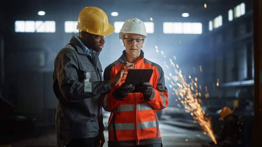 Two Heavy Industry Engineers Stand in Steel Metal