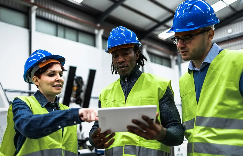 Team of engineers working in robotic factory