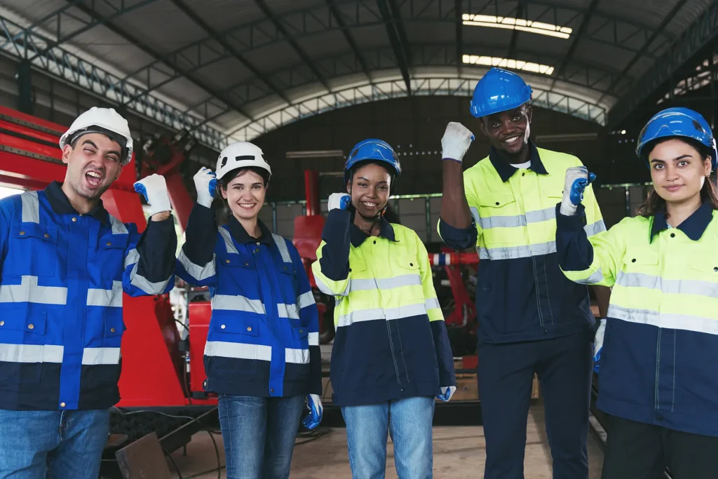 Cheerful of group of male and female factory workers